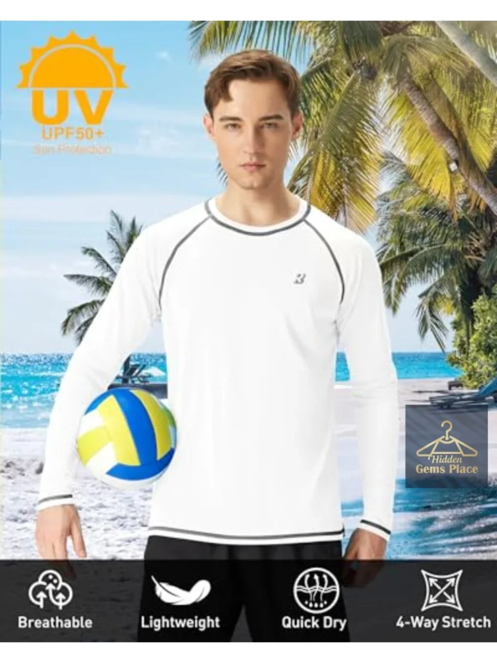 Mens UPF 50+ Long Sleeve Rash Guard Quick-Dry Sun Protection Shirt
